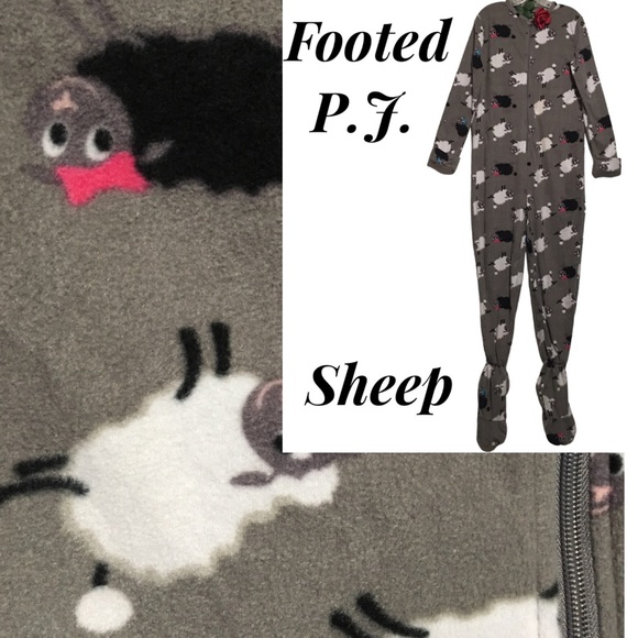 K C Footed pajamas sheep print gray white black & pink nonslip feet Med. EUC - Picture 1 of 14